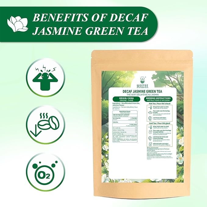 WT WEETEE Decaf Jasmine Green Tea Bags 100 Count, CO2 Decaffeinated Green Tea Infused with Jasmine Aroma | Resealable Kraft Bag | Brew Hot or Iced
