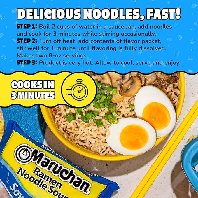 Maruchan Ramen Noodle Soup, Soy Sauce Flavor – Japanese-Style Instant Noodles, Quick & Easy Meal for Kids, Students & Busy Families – 3 Oz. (24 Pack)