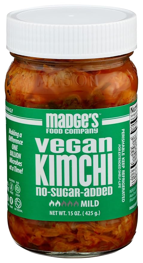 Madge's Food Traditional Vegan Kimchi Made from Napa Cabbage, Contains Probiotics, Gut Enzymes & Fermented Longer for Increased Health Benefits, No Sugar Added, Mild, 15oz