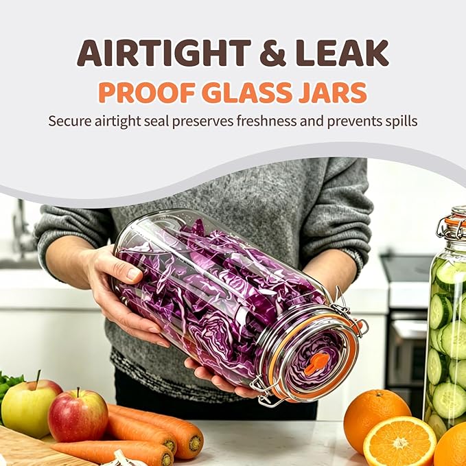 Klemon Fermentation Jar, 2 Pack 1 Gallon Pickle Kit,Glass Fermenting Jar with Fermenting Weights,Airlocks,Brush,Sealed fermentation lids Tracks ferment date