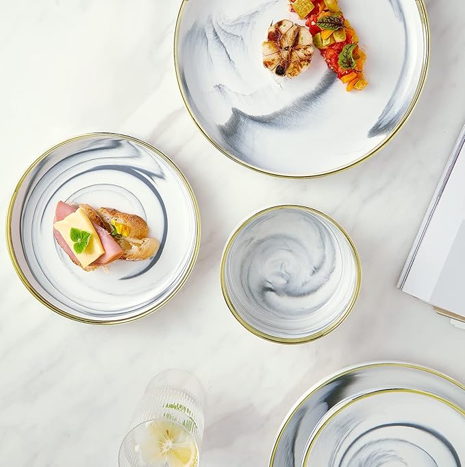 Pokini Marble Gold Rim Dinnerware Sets, Porcelain Plates and Bowls Sets, Modern Luxury Dish Set for 4, White Grey China Dinner Set for Special Occasions, Hand Wash Quickly