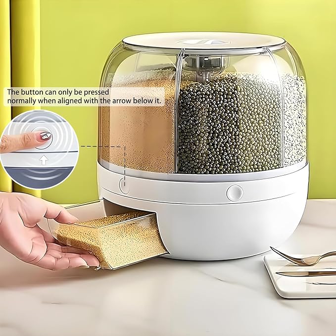 Rotating Grain Storage Bin 6 Grids Rice Container One-Click Output Large Capacity Food Dispenser For Rice Grains Sealed Moisture Proof Organizer (Small)