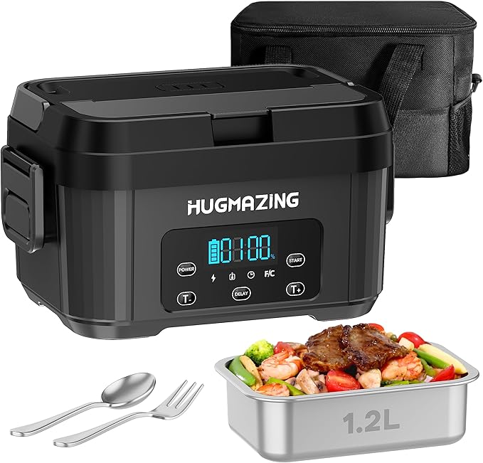 Hugmazing Cordless Electric Lunch Box for Adults, Men & Women – Rechargeable Self-Heating Food Warmer with 1.2L SS Container, Battery-Powered Heated Lunch Box, Perfect for Work and Travel Use (Grey)