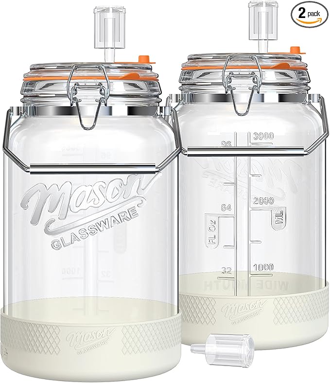 Upgrade 1 Gallon Fermentation Jars with Airlocks - Wide Mouth Glass Jars with Airtight Lid for Sauerkraut Mead Sourdough Starter Pickle, Fermenting Jar with Handle & Non-Slip Silicone Base, 2 Pack