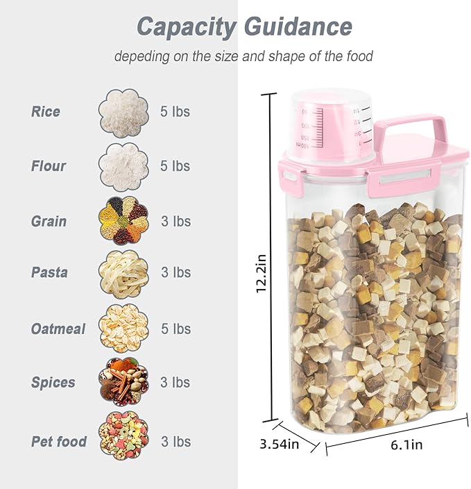 LEAWALK Airtight Rice Storage Container, 3 to 5Lbs Cereal Dry Food Flour and Sugar Bin, Pet Dog Cat Food Dispenser with Measuring Cup, BPA Free Clear Plastic Kitchen and Pantry Organization Bin-Pink