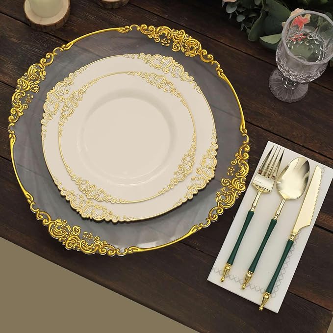 Efavormart 10 Pack | 8" Ivory and Gold Baroque Dessert Plates, Leaf Embossed Metallic Rim Heavy Duty Appetizer Plates for Vintage Shabby Chic Events