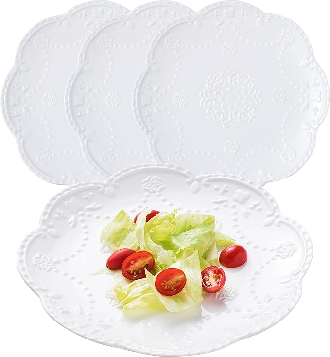 CLAY TONIC 10 In Embossed Lace White Porcelain Plate-Dinner Plate Set, Pasta/Salad/Dessert Plate Tableware Set for Restaurant Family Party Kitchen Use -4 Plates, CL-PL015 (10 Inche, White)
