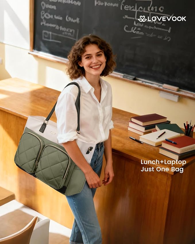LOVEVOOK Lunch Tote Bag for Women, 2-in-1 Work Bag with Insulated Lunch Compartment, 15.6 Inch Large Capacity Laptop Tote with Cup Holder for Teacher, Nurse, Office, Outdoors, Green