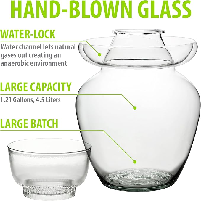 Large Traditional Sichuan Chinese Glass Fermenting Jar with Water Seal Airlock Lid, Glass Fermentation Crock for Pickling, Kimchi, Sauerkraut, and Fermentation (4.5 Liter, 155 Oz, 1.21 Gallons)