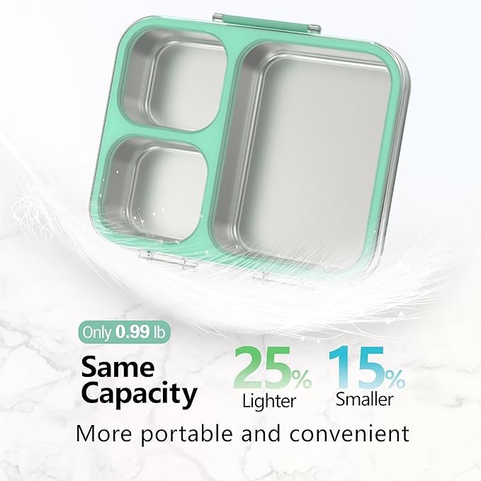 HOMEKOL Stainless Steel Bento Lunch Box, 3-Compartment Leak-Proof Metal Lunch Container for Kids & Adults, BPA-Free, Dishwasher Safe, Clear Tritan Lid, 4.2Cups/1000ml Green (Not Insulated)