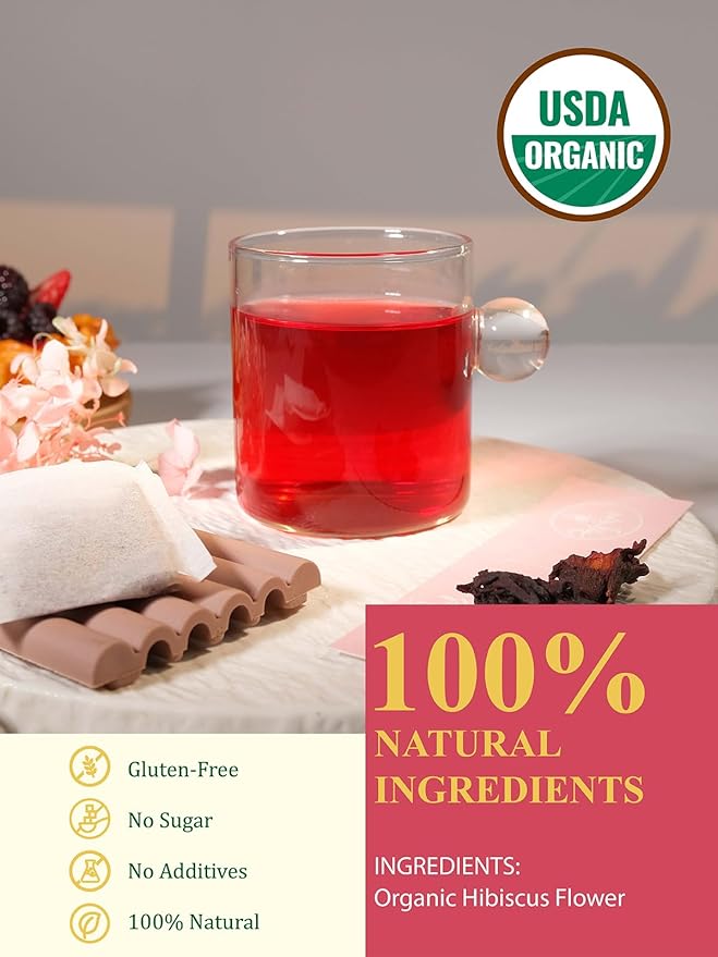 GLDNT Organic Hibiscus Tea Bags, Caffeine Free, Natural Flowers, Refreshing Tart Flavor, 100 Count