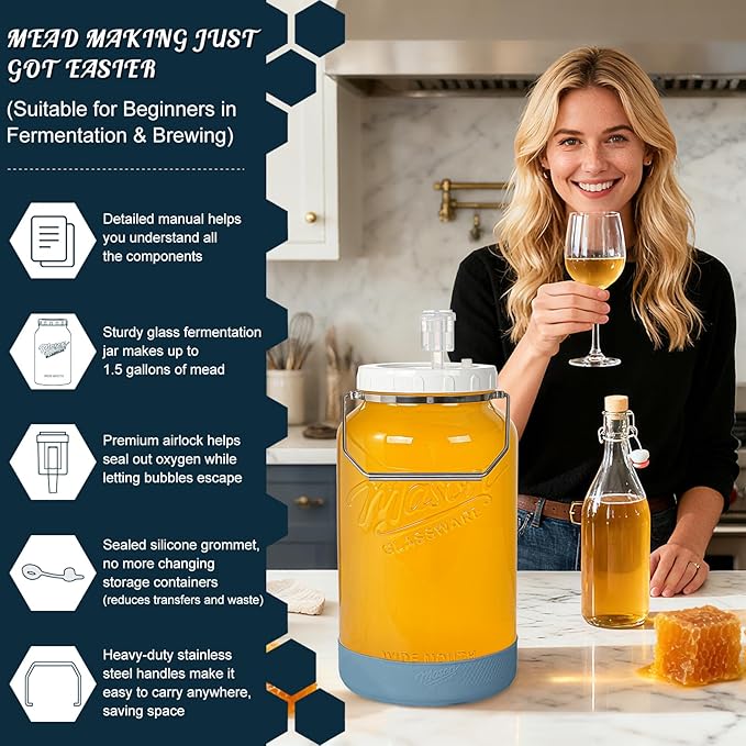 2 Pack 1.5 Gallon Large Fermentation Jars with Airtight Lids & Airlocks, Wide Mouth Glass Mason Jar for Mead Making, Brewing - 100% Leak-proof Pickle jars Kimchi Container with Handles & Bases