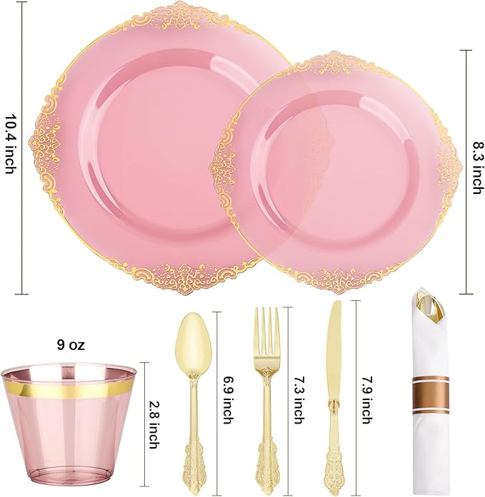 Bestluck 350 PCS Burgundy and Gold Plastic Plates, Disposable Dinnerware Set for 50 Guests, 100 Disposable Plates, 150 Silverwares, 50 Cups, 50 Napkins for Wedding, Party, Graduation
