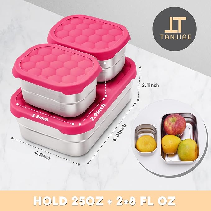 Tanjiae Stainless Steel Lunch Box for Kids | Leak Proof 304 Stainless Steel Snack Containers with Silicone Lids - Perfect Metal Food Containers Set for Kids and Toddlers (25oz+8oz*2)