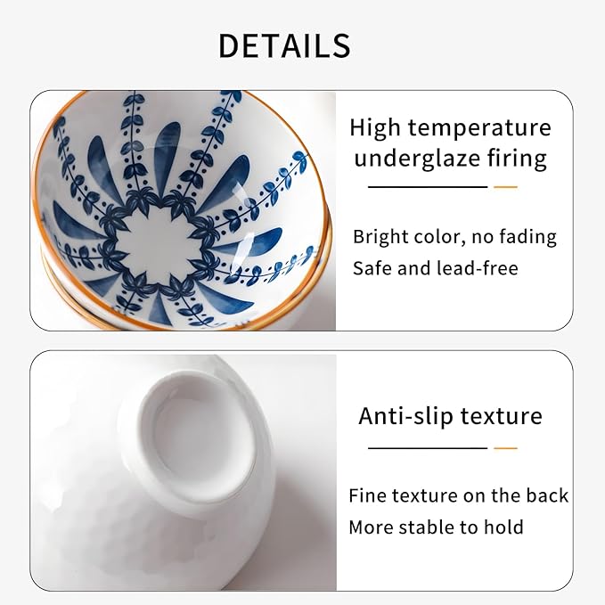Rice Bowls 10oz, Japanese Style Bowls Set of 6 with Gift Box - Blue and White Ceramic Bowls for Soup, Dessert, Ice Cream, Snack - Kitchen Gifts for Women Christmas Gift