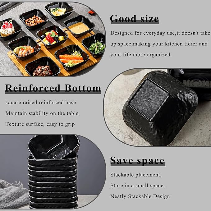 Berglander Dip Bowls Set 12pcs, 6 oz Black Plastic Dipping Bowls, Matte Stone Texture Soy Sauce Plates, Mini Appetizer Bowls for Side Dishes, Condiment Server for Tomato Sauce, Ketchup, BBQ, Party
