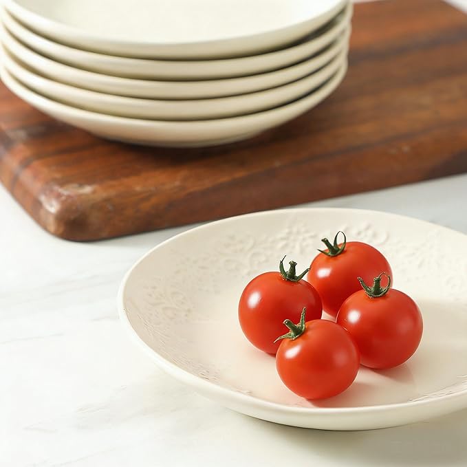 Neaylfe 6 Inch Ceramic Dessert Plates Set, Embossed Appetizer Plates for Kitchen, Lightweight Round Plates, Small Salad Plate for Cake Snacks Side Dish, Microwave Dishwasher Safe, Set of 6