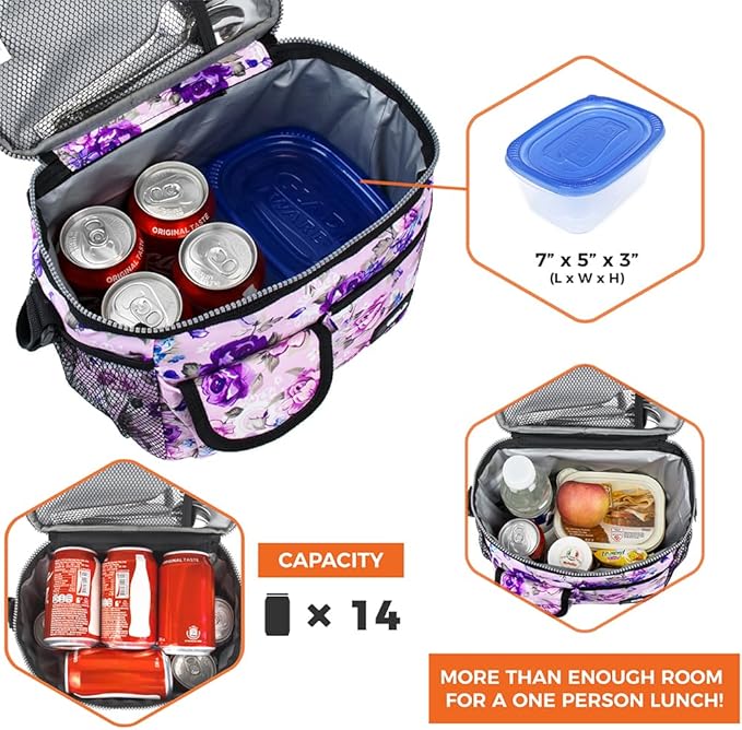 opux Insulated Lunch Box for Men Women Kids, Leakproof Reusable Lunch Bag Cooler for Work School Office, Soft Thermal Lunchbox Tote Shoulder Strap for Boys Girls Adults, Floral Purple, 14 Can/8L
