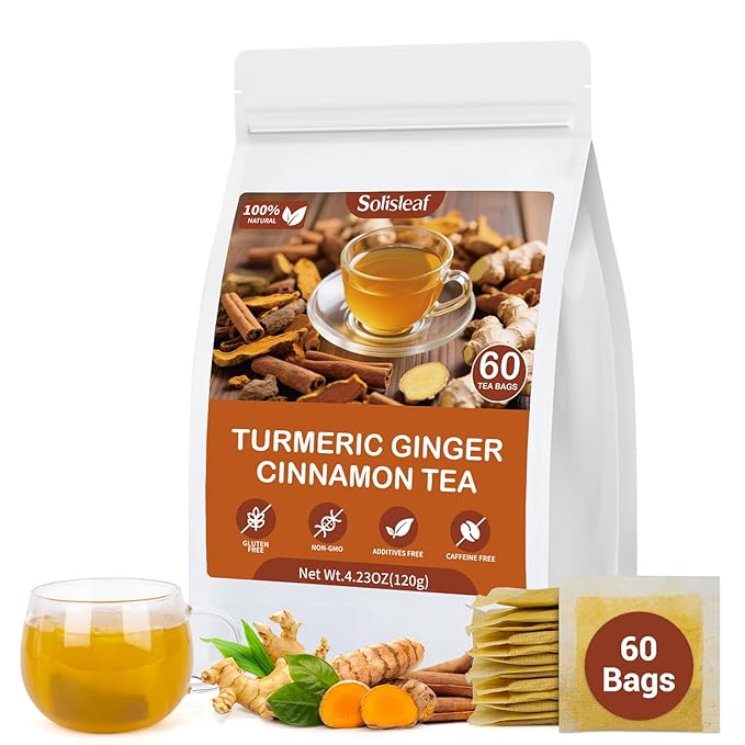 Turmeric Ginger Cinnamon Tea Bags, Pure Natural Ginger Turmeric Herbal Blend Tea with Cinnamon for Promoting Digestion, Boosts Immunity, Caffeine-Free, No Additives (60 Bags/1 Pack）