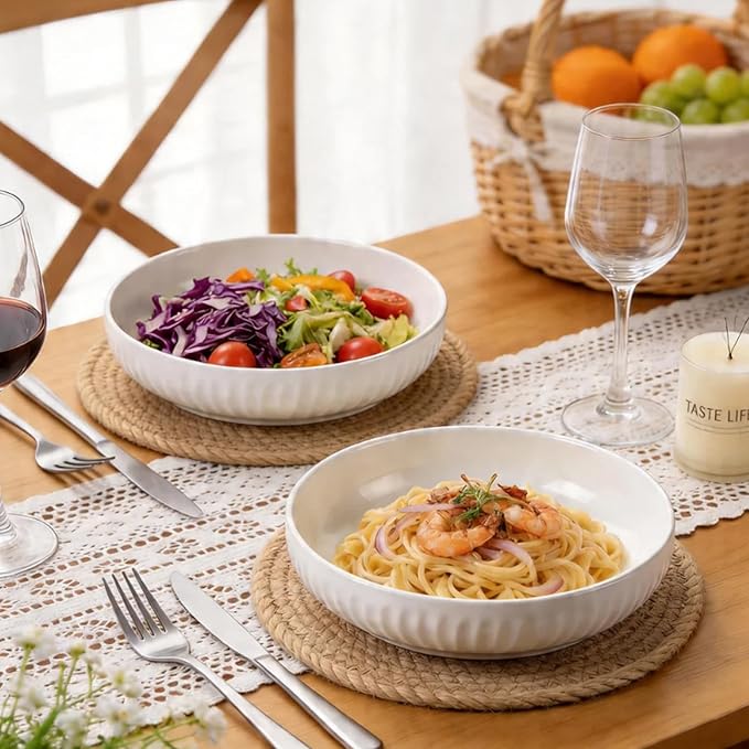 8 Inch Ceramic Pasta Bowls set of 4, 34 Oz White Serving Bowls - Microwave, Dishwasher & Oven Safe, Shallow Soup Bowls for Salad, Pasta, Cereal