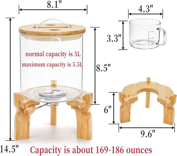 Goaste Glass Rice Dispenser with Bamboo Stand, 5L Flour Cereal Container with Airtight Lid, 8 Lbs Large Grain Food Storage Bucket, Countertop Beans Storage Tank with Measuring Cup & Valve for Dry Food
