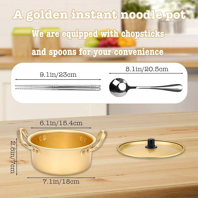 Korean Ramen Pot, Noodle Pot With Lid Spoon And Chopsticks (1pair), Korean Cookware Ramen Pots For Kitchen Cookware, 6.3 Inch (6.3"D x 6.3"W x 3"H)