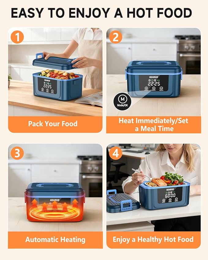 GEARGO 𝟐𝟎𝟐𝟔 𝐔𝐩𝐠𝐫𝐚𝐝𝐞𝐝 Cordless Electric Lunch Box, 6 Cups & 24000mAh Rechargeable Heated Lunch Box with Ice Crystal Box, 24 Hours Scheduled Self Heating Lunchbox For Men Women(Blue)