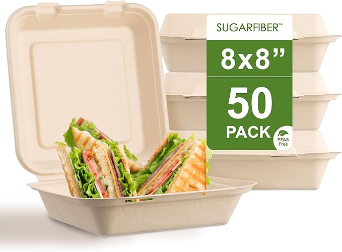 Harvest Pack [50 Pack] 8x8" Extra Thick Compostable Clamshell Take Out Food Containers - PFAS Free Heavy-Duty Disposable Sugarcane Bagasse Boxes - Eco-Friendly To-Go Containers for Food, 1-Compartment