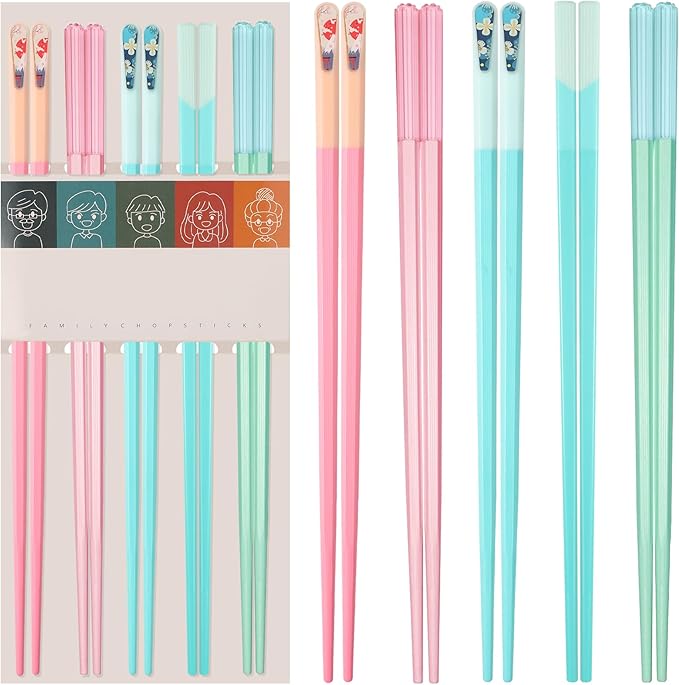 5 Pairs Reusable Chopsticks Dishwasher Safe, Fiberglass Premium Japanese Chines Korean Chopsticks for Sushi Noodles Ramen, Non-slip Chop Sticks, Lightweight, 9.6 inches- Green&Pink-A