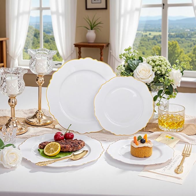 WDF 60pcs Gold Plastic Dinner Plates -10.25inch Baroque White and Gold Plates Fancy Plastic Plates for Upscale Party/Wedding/Birthday