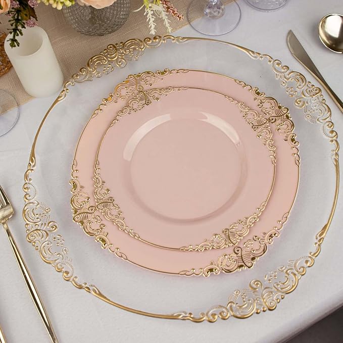 Efavormart 10 Pack | 10" Blush Rose and Gold Baroque Dinner Plates, Leaf Embossed Metallic Rim Heavy Duty Serving Plates for Boutique Weddings