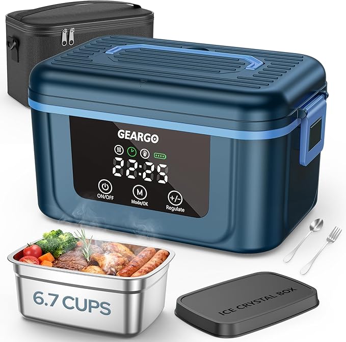 GEARGO 𝟐𝟎𝟐𝟔 𝐔𝐩𝐠𝐫𝐚𝐝𝐞𝐝 Cordless Electric Lunch Box, 6 Cups & 24000mAh Rechargeable Heated Lunch Box with Ice Crystal Box, 24 Hours Scheduled Self Heating Lunchbox For Men Women(Blue)