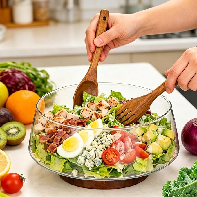 121oz Large Glass Salad Bowl Set with Acacia Wood Base, 3.8QT Clear Serving Bowl with Wooden Spoons, 3600ml Decorative Mixing Bowl for Fruit, Pasta, Party and Thanksgiving (Classic Smooth)