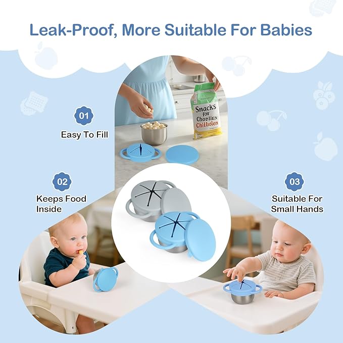 Daximo 2 Pack Snack Cups for Toddlers Spill Proof - Detachable Stainless Steel Toddler Snack Cups with Silicone Lids & Handles - Dishwasher Safe Baby Snack Containers (Matte Blue and Matte Green)