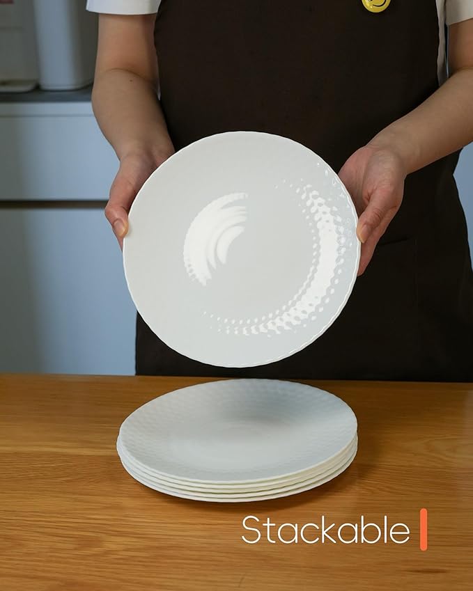 LaGlint 8.5 inch Salad Plate Set of 6, Opal Glass Round Geometric Faceted Small White Plates for Dessert, Kitchen, Dishwasher and Microwave Safe