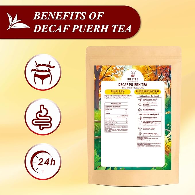 WT WEETEE Decaf Puerh Tea Loose Leaf, 110+ Cups Made of CO2-Decaffeinated Ripe Pu-erh Tea Leaves, Smooth & Sweet | Fermented Dark Tea