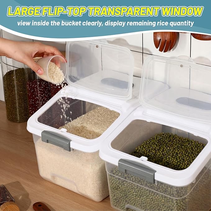 Blushtier 4 Pack Large Rice Storage Containers 30 Lbs Airtight Flour Container with Seal Locking Lid and Measuring Cup Kitchen Dry Food Storage Bins for Cereal Sugar Beans(Transparent and White)