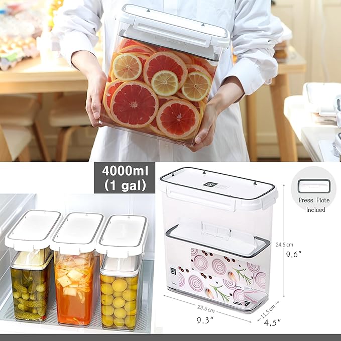 Pickle keeper Press Plate Food Storage Container Organizer for Kimchi Sauerkraut Fermentaion Airtight Lid Locking for Preserved Food (4000ml / 1 gal)