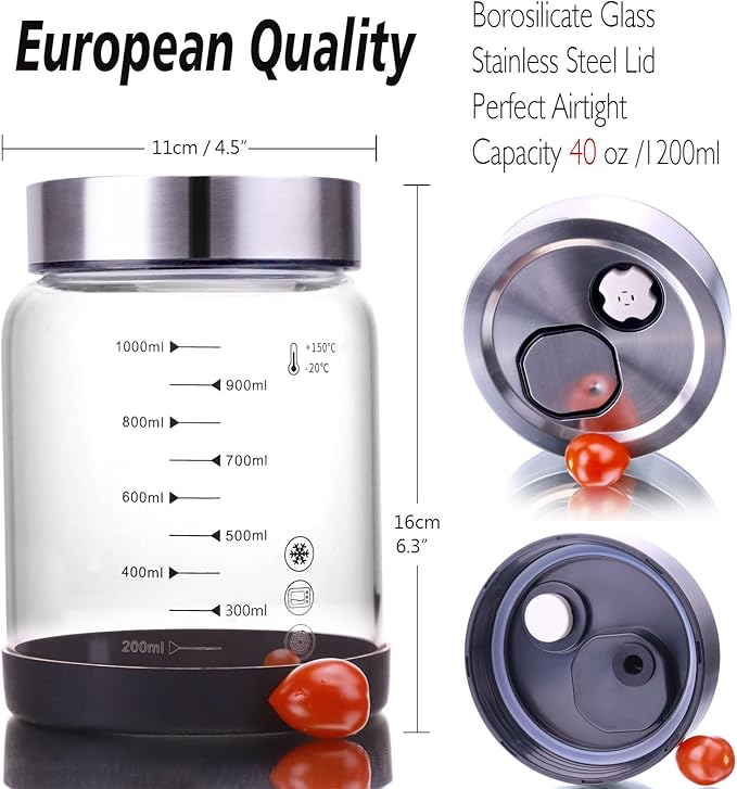 40 oz Fermentation Mason Jar, Pickle Jar for Fermenting, Glass Canister for Food,Kitchen Container for pickle, flour, Cookie, Candy, Loose Tea