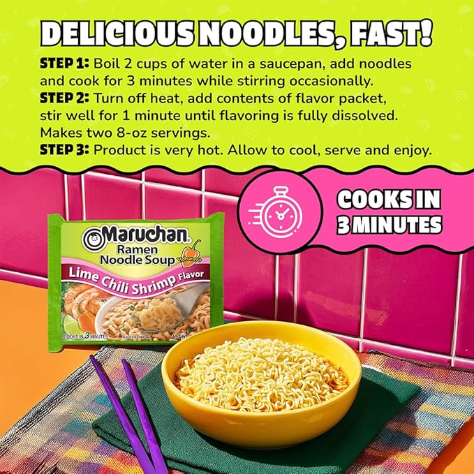 Maruchan Ramen Noodle Soup, Lime Chili Shrimp Flavor – Japanese-Style Instant Noodles, Quick & Easy Meal for Students & Busy Families – 3 Oz. (24 Pack)
