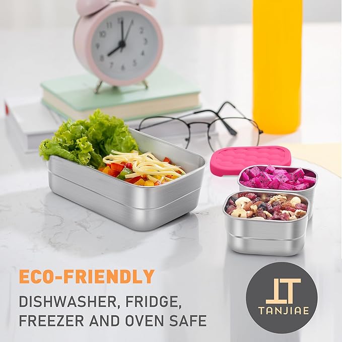 Tanjiae Stainless Steel Lunch Box for Kids | Leak Proof 304 Stainless Steel Snack Containers with Silicone Lids - Perfect Metal Food Containers Set for Kids and Toddlers (25oz+8oz*2)