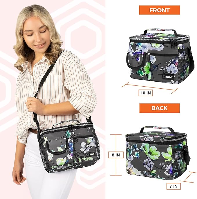 opux Insulated Lunch Box for Men Women Kids, Leakproof Reusable Lunch Bag Cooler for Work School Office, Soft Thermal Lunchbox Tote with Shoulder Strap for Boys Girls Adults, Floral Grey, 14 Can/8L