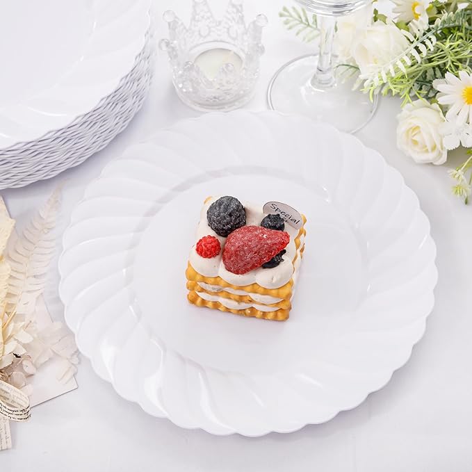 U-QE 100 Pieces White Plastic Plates - 9 Inch White Disposable Plates - Washable & Reusable - Premium Hard Plates - Party Supplies for Party, Celebrations, Travel, Wedding, Party and Events
