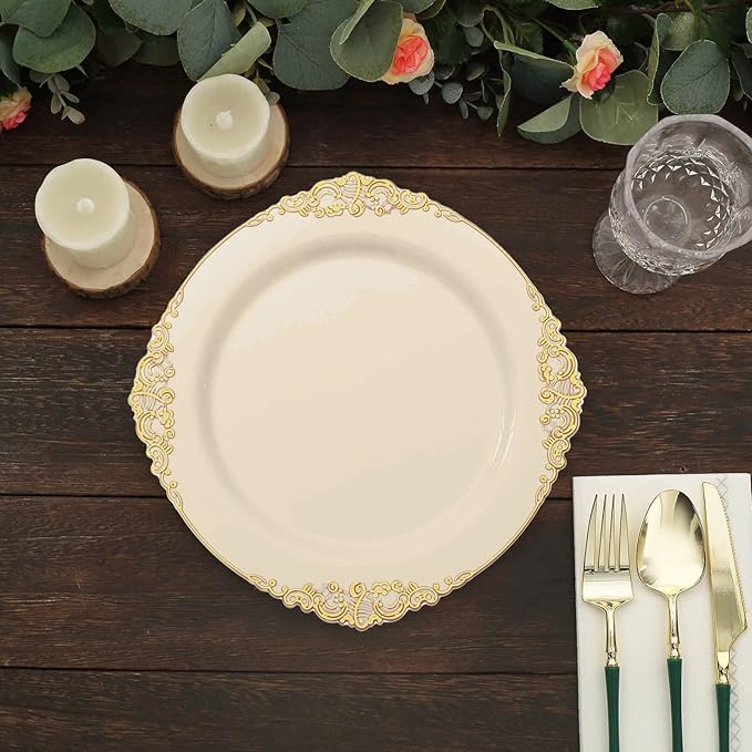 Efavormart 10 Pack | 10" Ivory and Gold Baroque Dinner Plates, Leaf Embossed Metallic Rim Heavy Duty Serving Plates for Traditional Holiday Banquets