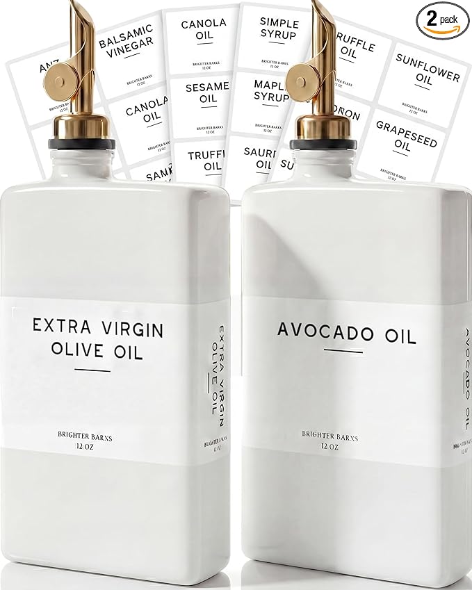 White Glass Olive Oil Dispenser Bottle for Kitchen by Brighter Barns - Avocado Oil Dispenser Set, Vanilla Syrup Bottle - Modern Decor, Gold Kitchen Accessories for Airbnb, Cafe (White/Gold, Set of 2)