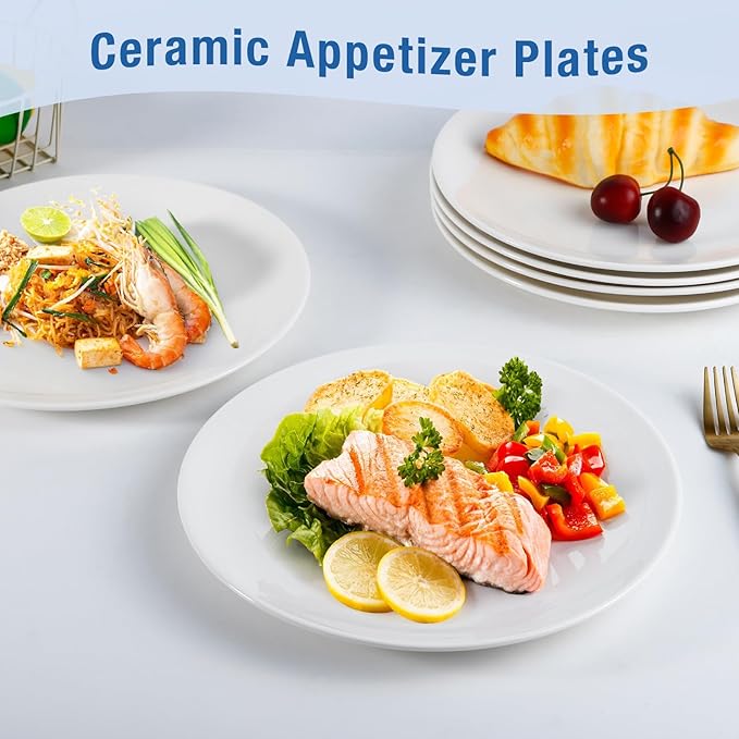 Ceramic Plates Set of 6, 10 inch White Porcelain Dinner Plates, Ceramic Round Plate, Round Dessert Salad Plate for Dinner Kitchen Serving & Everyday Use, Microwave & Dishwasher Safe