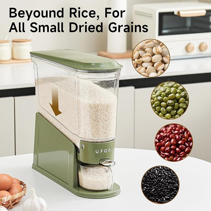 UFORU Rice Dispenser 11Lbs, Slim Rice Storage Container for Small Space, BPA-Free Clear Dry Food Dispenser Sealed Moisture Proof, Grain&Cereal Storage Bucket for Kitchen Pantry Household,Green