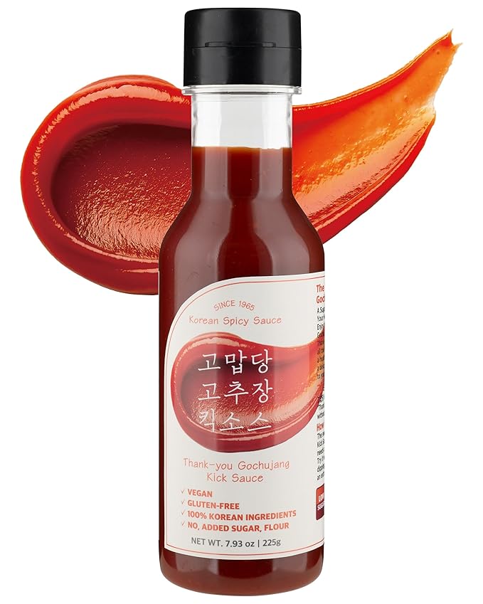 Thank-you Gochujang Kick Sauce Sugar-Free Korean Hot Chili Squeeze Sauce with Allulose – Keto-Friendly, No Wheat Flour, Cheongyang Pepper | Drizzle on Tacos, Eggs, Bowls, Pizza & Seafood | 8.81 fl.oz