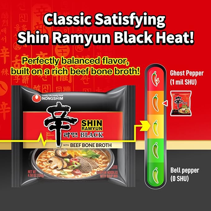 Nongshim Shin Ramyun Black Noodles, Spicy Korean Signature Instant Ramyun, Rich Beef Bone Broth, Pantry Essential Korean Noodles, Quick and Easy, 4.58 oz (Pack of 16)