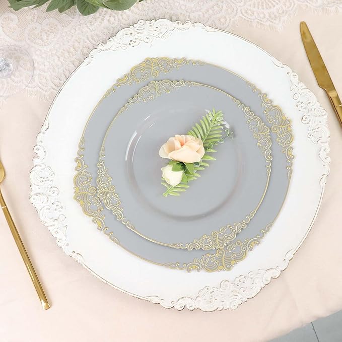Efavormart 10 Pack | 10" Gray and Gold Baroque Dinner Plates, Leaf Embossed Metallic Rim Heavy Duty Serving Plates for Contemporary Industrial Banquets